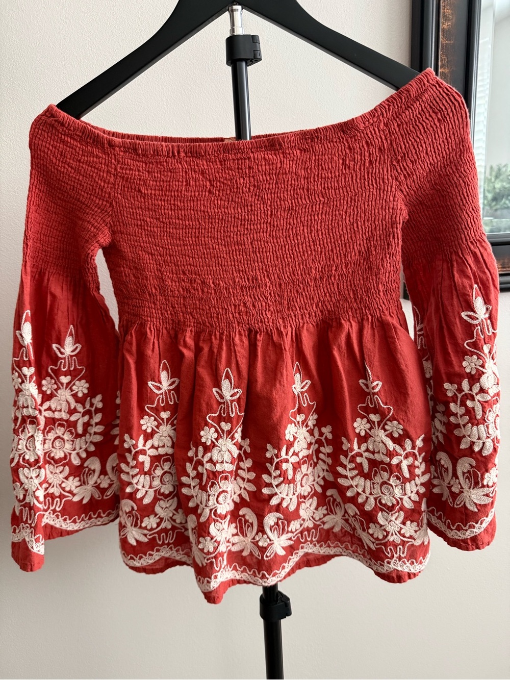Flying Tomato Red Off-Shoulder Embroidered Peasant Tunic